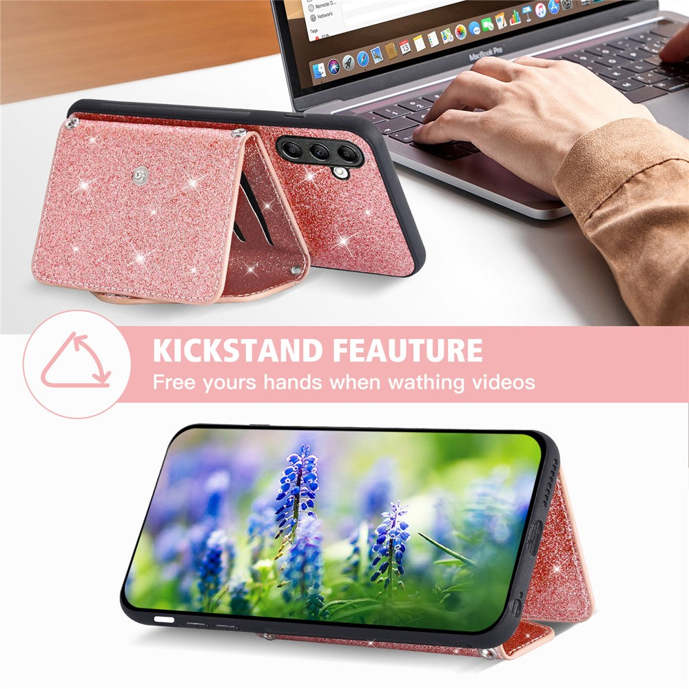For Samsung Galaxy M14 5G Slim Phone Case Triangle Kickstand Card Holder PU Leather+TPU Phone Cover - Pink