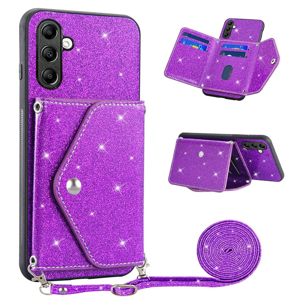 For Samsung Galaxy M14 5G Slim Phone Case Triangle Kickstand Card Holder PU Leather+TPU Phone Cover - Purple