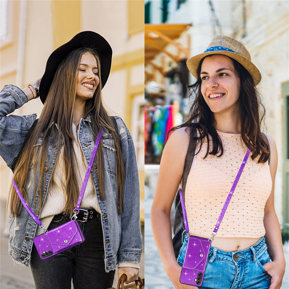 For Samsung Galaxy M14 5G Slim Phone Case Triangle Kickstand Card Holder PU Leather+TPU Phone Cover - Purple
