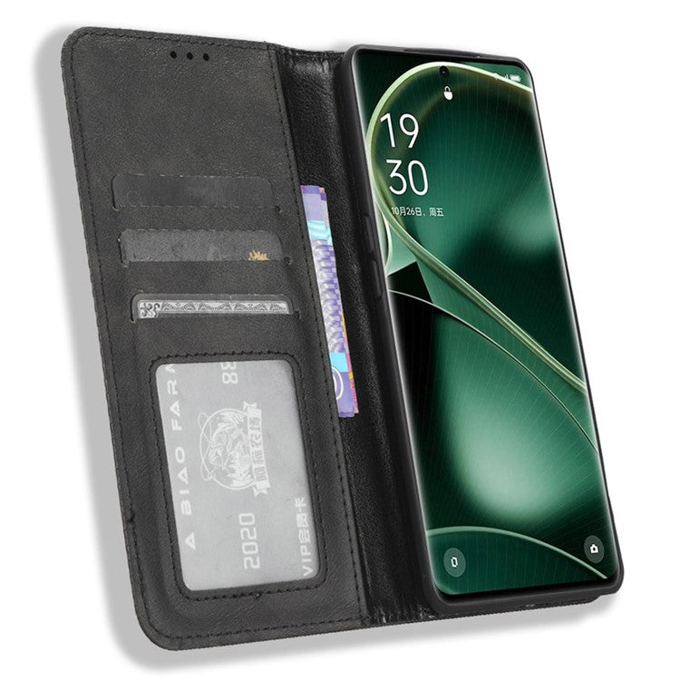 Stand Shell for Oppo Find X6 Pro PU Leather Magnetic Retro Phone Cover Cell Phone Wallet Case - Black