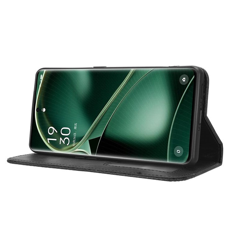 Stand Shell for Oppo Find X6 Pro PU Leather Magnetic Retro Phone Cover Cell Phone Wallet Case - Black
