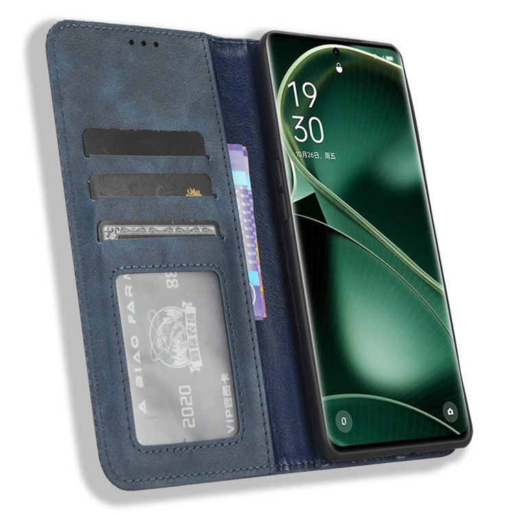 Stand Shell for Oppo Find X6 Pro PU Leather Magnetic Retro Phone Cover Cell Phone Wallet Case - Blue