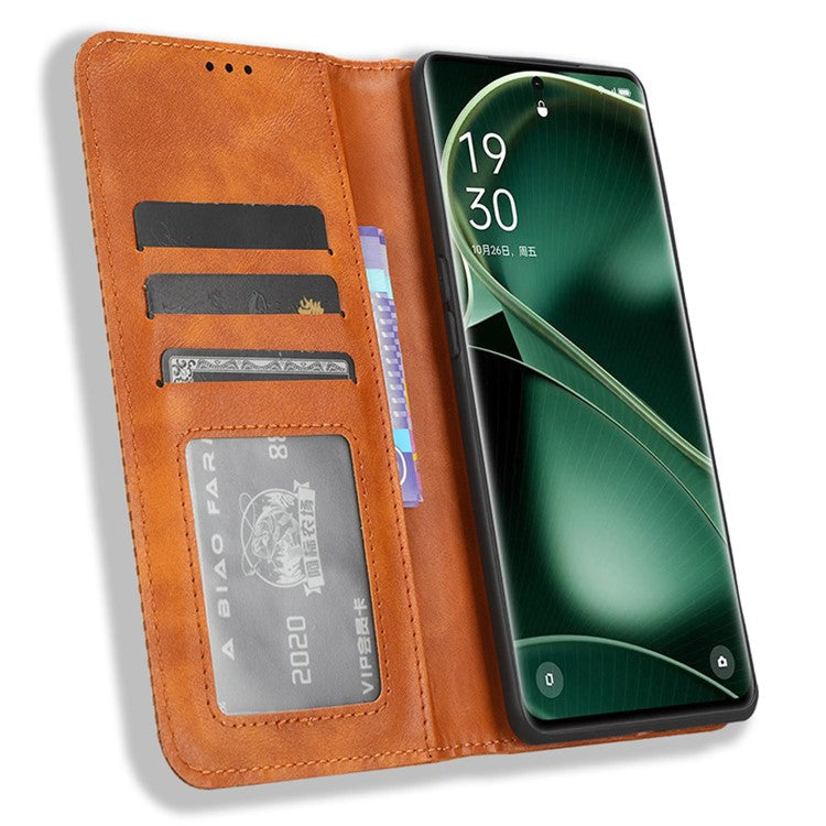Stand Shell for Oppo Find X6 Pro PU Leather Magnetic Retro Phone Cover Cell Phone Wallet Case - Brown