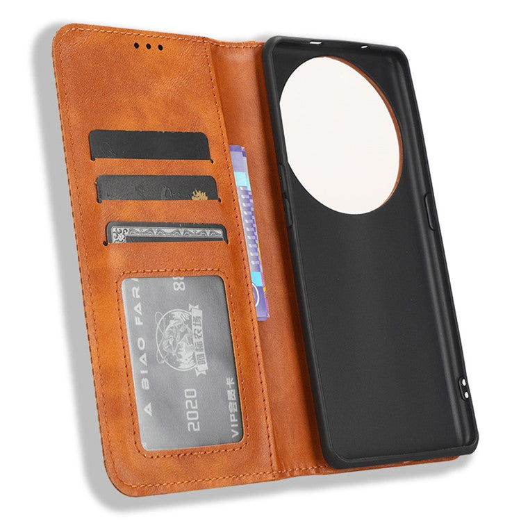 Stand Shell for Oppo Find X6 Pro PU Leather Magnetic Retro Phone Cover Cell Phone Wallet Case - Brown