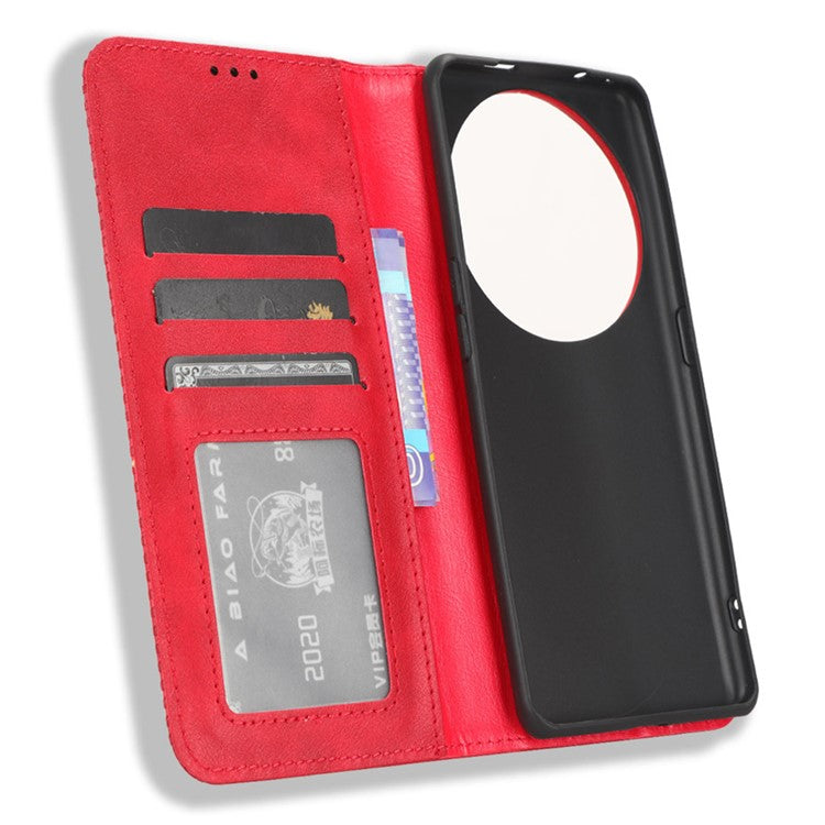 Stand Shell for Oppo Find X6 Pro PU Leather Magnetic Retro Phone Cover Cell Phone Wallet Case - Red