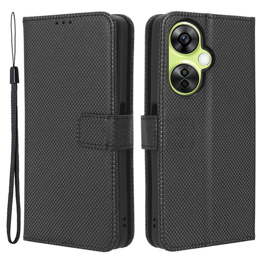 For OnePlus Nord CE 3 Lite 5G / Nord N30 5G Phone Case Wallet Stand Diamond Texture Phone Leather Cover - Black