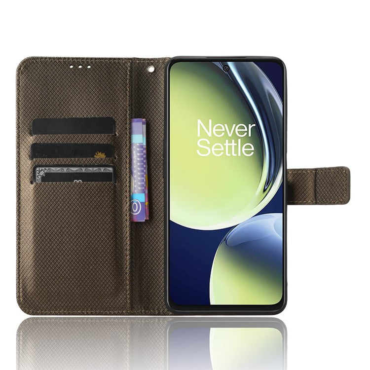 For OnePlus Nord CE 3 Lite 5G / Nord N30 5G Phone Case Wallet Stand Diamond Texture Phone Leather Cover - Brown
