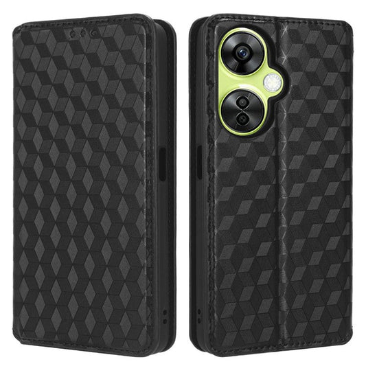 For OnePlus Nord CE 3 Lite 5G / Nord N30 5G Leather Phone Cover Stand Imprinted Rhombus Pattern Phone Wallet Case - Black