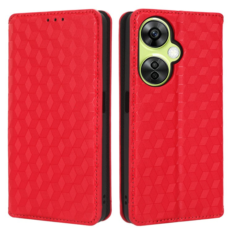 For OnePlus Nord CE 3 Lite 5G / Nord N30 5G Leather Phone Cover Stand Imprinted Rhombus Pattern Phone Wallet Case - Red
