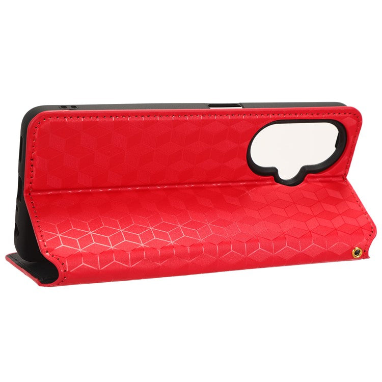 For OnePlus Nord CE 3 Lite 5G / Nord N30 5G Leather Phone Cover Stand Imprinted Rhombus Pattern Phone Wallet Case - Red