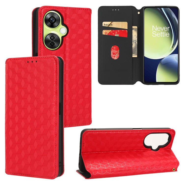 For OnePlus Nord CE 3 Lite 5G / Nord N30 5G Leather Phone Cover Stand Imprinted Rhombus Pattern Phone Wallet Case - Red