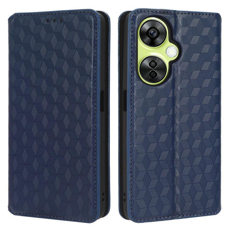 For OnePlus Nord CE 3 Lite 5G / Nord N30 5G Leather Phone Cover Stand Imprinted Rhombus Pattern Phone Wallet Case - Blue