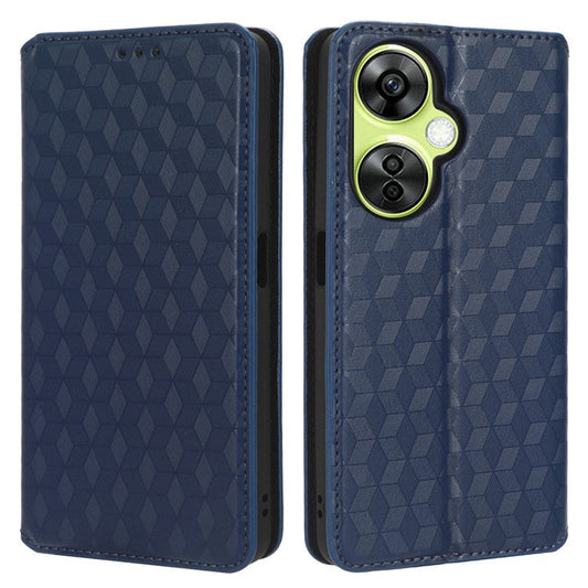 For OnePlus Nord CE 3 Lite 5G / Nord N30 5G Leather Phone Cover Stand Imprinted Rhombus Pattern Phone Wallet Case - Blue