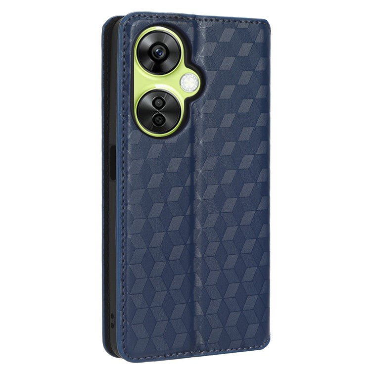 For OnePlus Nord CE 3 Lite 5G / Nord N30 5G Leather Phone Cover Stand Imprinted Rhombus Pattern Phone Wallet Case - Blue