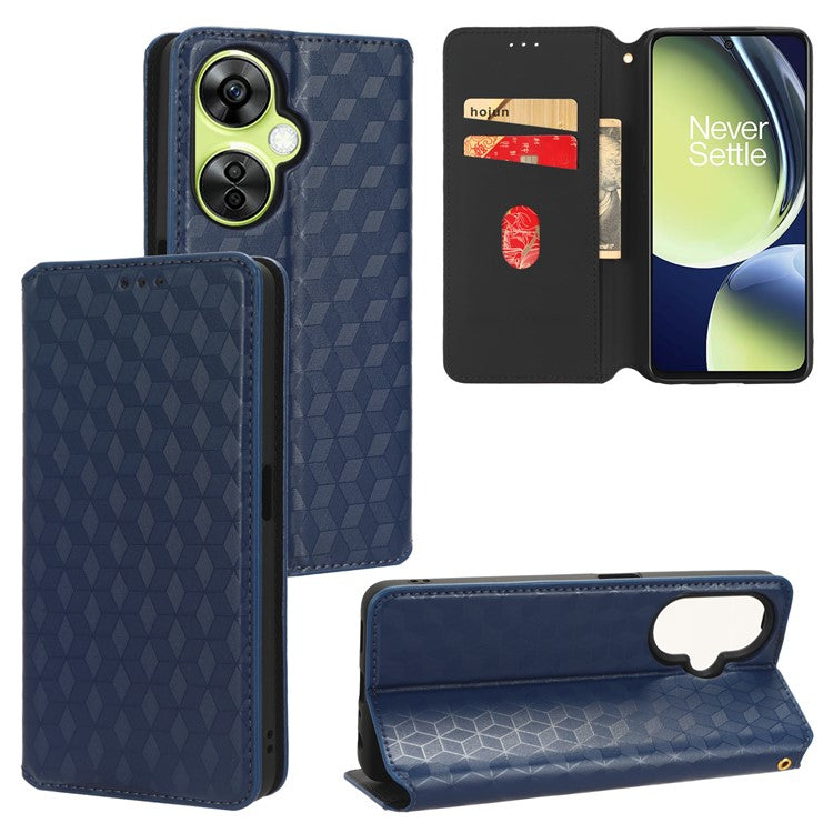 For OnePlus Nord CE 3 Lite 5G / Nord N30 5G Leather Phone Cover Stand Imprinted Rhombus Pattern Phone Wallet Case - Blue