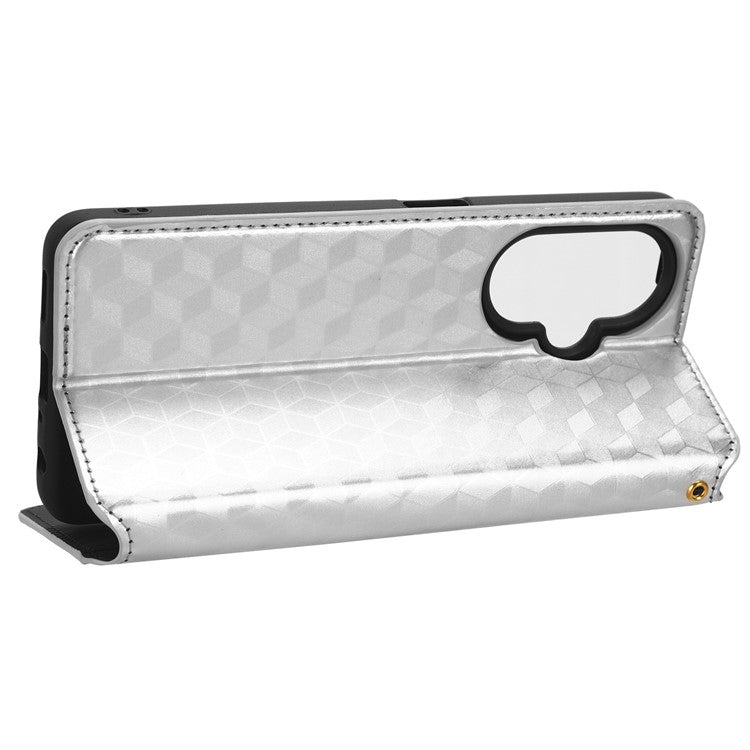 For OnePlus Nord CE 3 Lite 5G / Nord N30 5G Leather Phone Cover Stand Imprinted Rhombus Pattern Phone Wallet Case - Silver