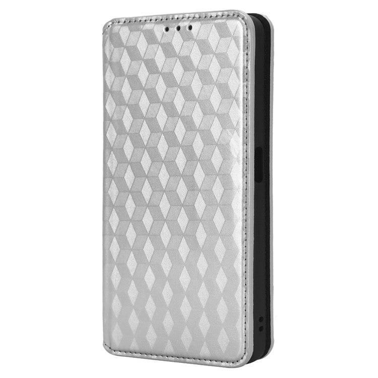 For OnePlus Nord CE 3 Lite 5G / Nord N30 5G Leather Phone Cover Stand Imprinted Rhombus Pattern Phone Wallet Case - Silver