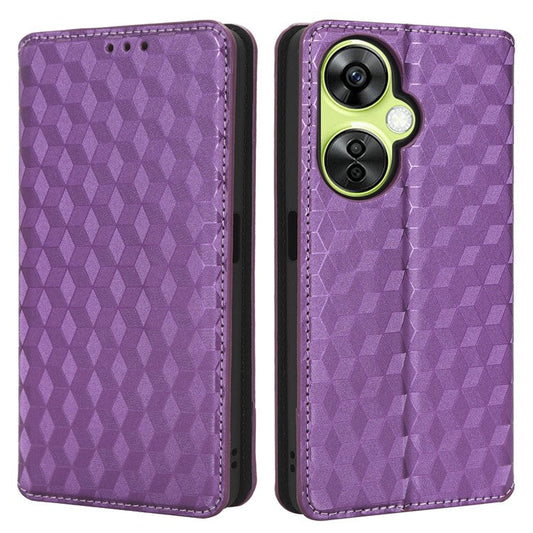 For OnePlus Nord CE 3 Lite 5G / Nord N30 5G Leather Phone Cover Stand Imprinted Rhombus Pattern Phone Wallet Case - Purple
