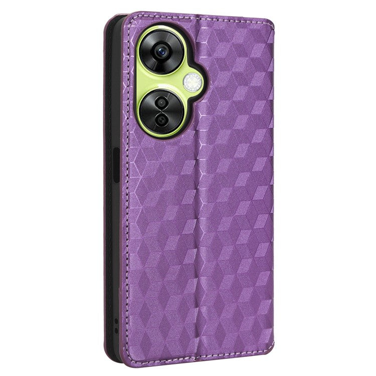 For OnePlus Nord CE 3 Lite 5G / Nord N30 5G Leather Phone Cover Stand Imprinted Rhombus Pattern Phone Wallet Case - Purple
