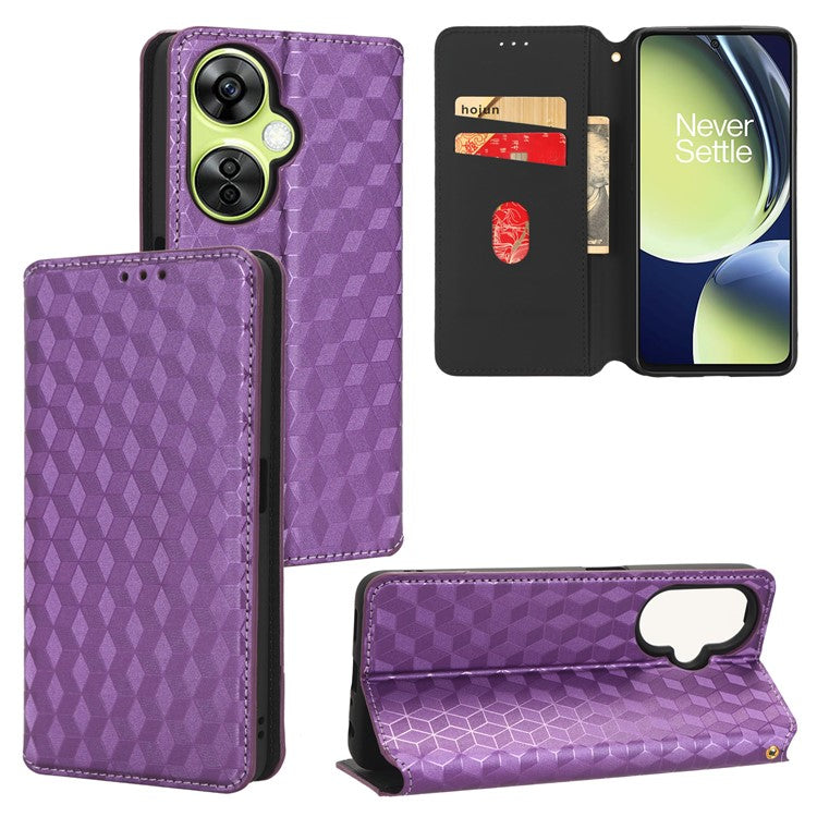 For OnePlus Nord CE 3 Lite 5G / Nord N30 5G Leather Phone Cover Stand Imprinted Rhombus Pattern Phone Wallet Case - Purple
