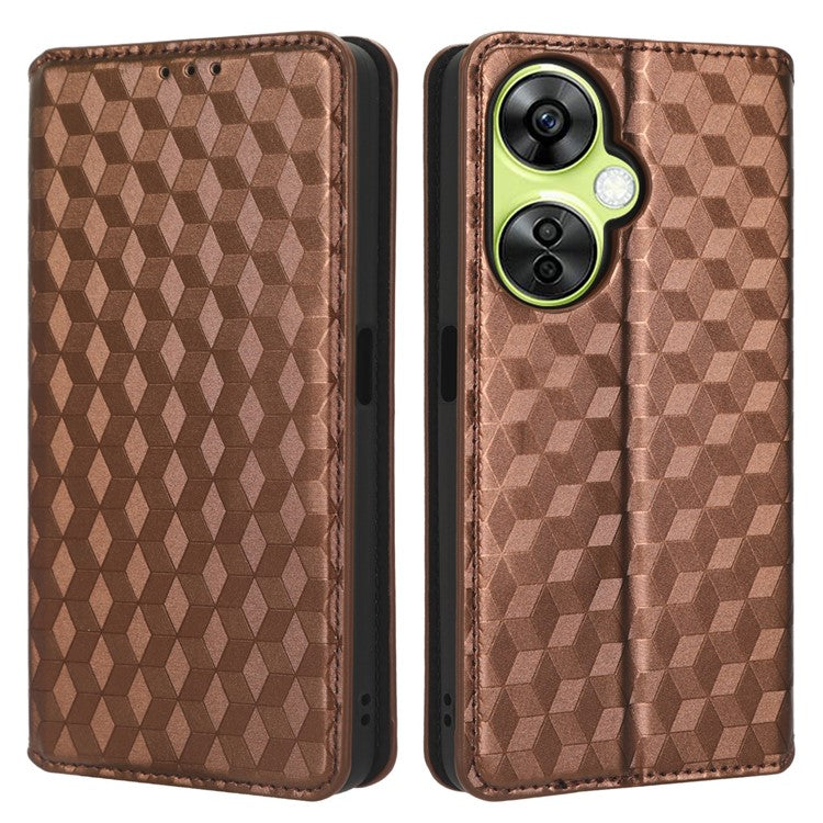 For OnePlus Nord CE 3 Lite 5G / Nord N30 5G Leather Phone Cover Stand Imprinted Rhombus Pattern Phone Wallet Case - Brown
