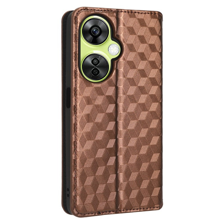 For OnePlus Nord CE 3 Lite 5G / Nord N30 5G Leather Phone Cover Stand Imprinted Rhombus Pattern Phone Wallet Case - Brown