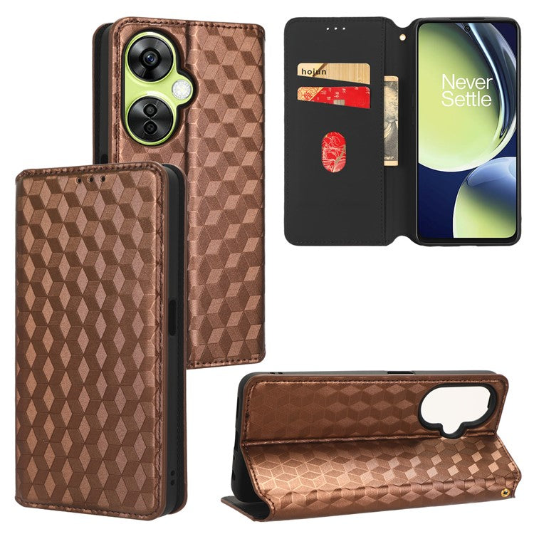 For OnePlus Nord CE 3 Lite 5G / Nord N30 5G Leather Phone Cover Stand Imprinted Rhombus Pattern Phone Wallet Case - Brown
