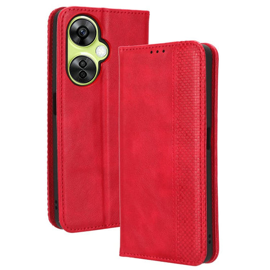 For OnePlus Nord CE 3 Lite 5G / Nord N30 5G Wallet Phone Case Retro PU Leather Mobile Phone Stand Cover - Red