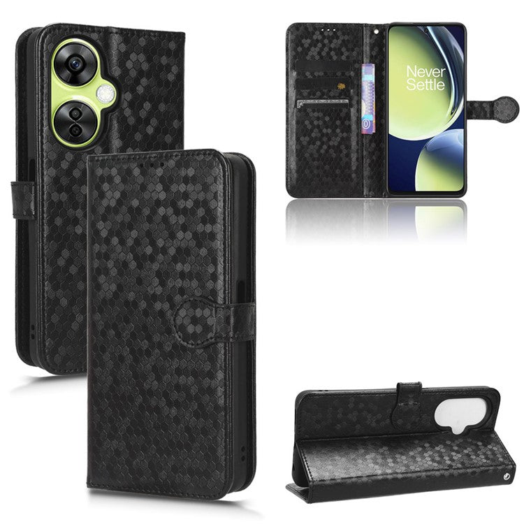 For OnePlus Nord CE 3 Lite 5G / Nord N30 5G PU Leather Cover Dot Pattern Imprinted Stand Wallet Phone Case - Black