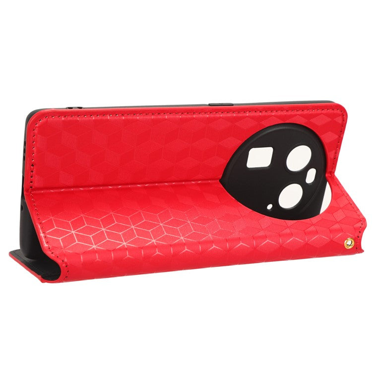 Wallet Case for Oppo Find X6 Imprinted Rhombus Pattern PU Leather+TPU Stand Phone Cover - Red