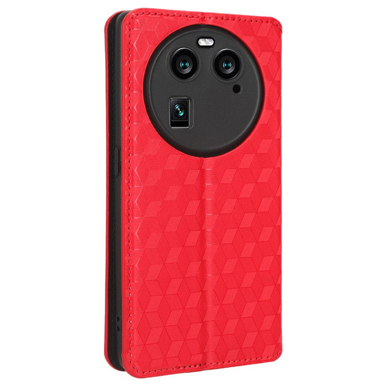 Wallet Case for Oppo Find X6 Imprinted Rhombus Pattern PU Leather+TPU Stand Phone Cover - Red