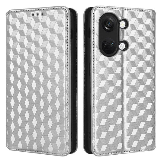 For OnePlus Nord 3 5G / Ace 2V Imprinted Rhombus Pattern PU Leather Phone Cover Stand Phone Wallet Case - Silver