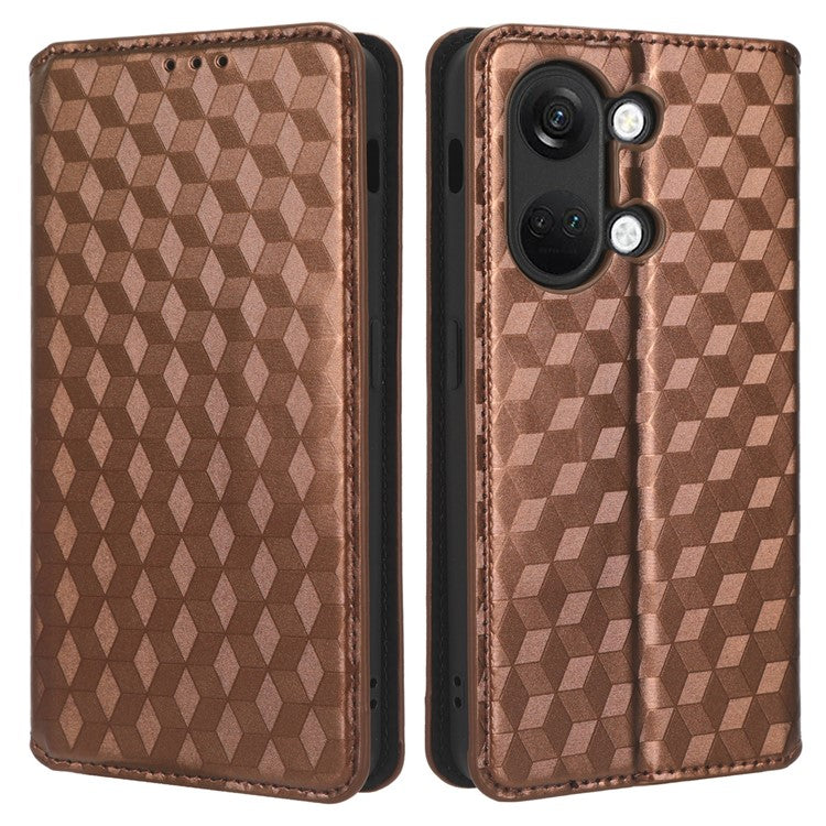 For OnePlus Nord 3 5G / Ace 2V Imprinted Rhombus Pattern PU Leather Phone Cover Stand Phone Wallet Case - Brown