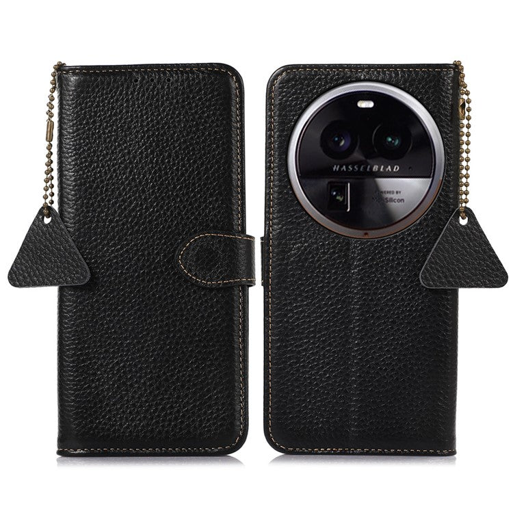 Litchi Texture Cover for Oppo Find X6 , RFID Blocking Phone Wallet Case Genuine Cow Leather Stand Shell - Black