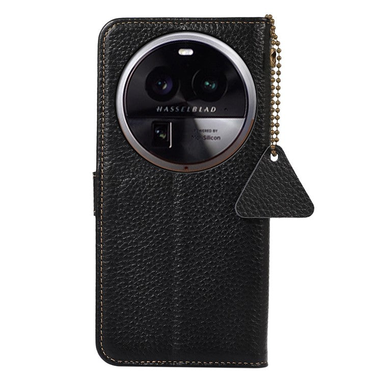 Litchi Texture Cover for Oppo Find X6 , RFID Blocking Phone Wallet Case Genuine Cow Leather Stand Shell - Black