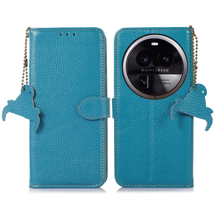 Litchi Texture Cover for Oppo Find X6 , RFID Blocking Phone Wallet Case Genuine Cow Leather Stand Shell - Blue