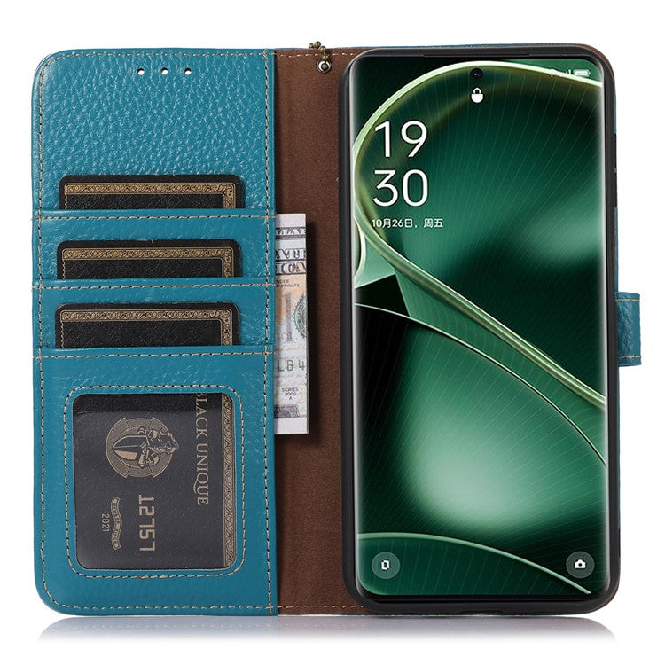 Litchi Texture Cover for Oppo Find X6 , RFID Blocking Phone Wallet Case Genuine Cow Leather Stand Shell - Blue