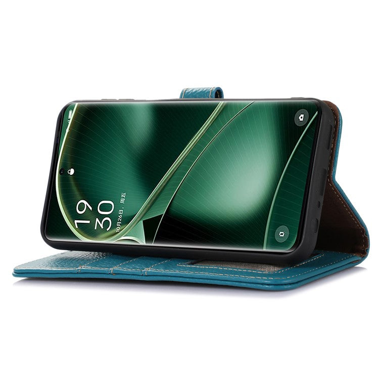 Litchi Texture Cover for Oppo Find X6 , RFID Blocking Phone Wallet Case Genuine Cow Leather Stand Shell - Blue
