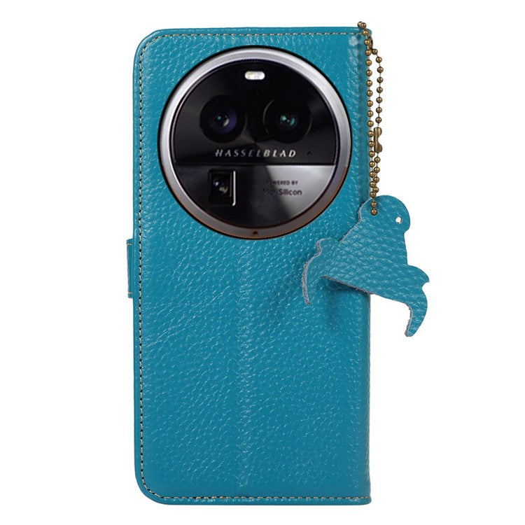 Litchi Texture Cover for Oppo Find X6 , RFID Blocking Phone Wallet Case Genuine Cow Leather Stand Shell - Blue