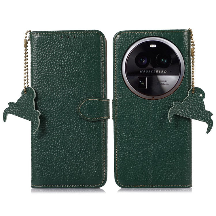 Litchi Texture Cover for Oppo Find X6 , RFID Blocking Phone Wallet Case Genuine Cow Leather Stand Shell - Green