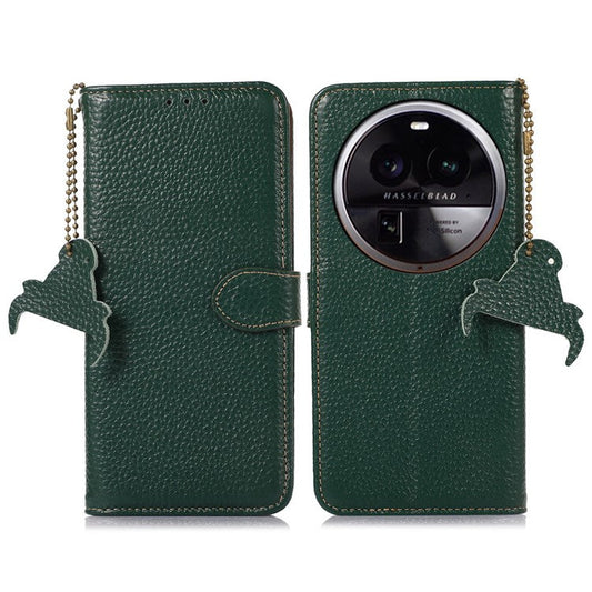 Litchi Texture Cover for Oppo Find X6 , RFID Blocking Phone Wallet Case Genuine Cow Leather Stand Shell - Green