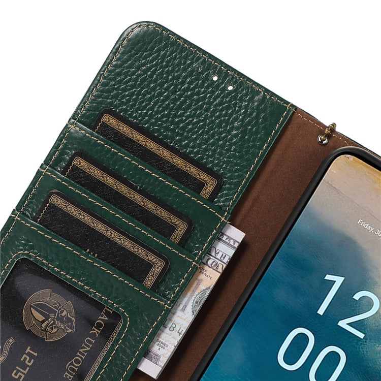 Litchi Texture Cover for Oppo Find X6 , RFID Blocking Phone Wallet Case Genuine Cow Leather Stand Shell - Green
