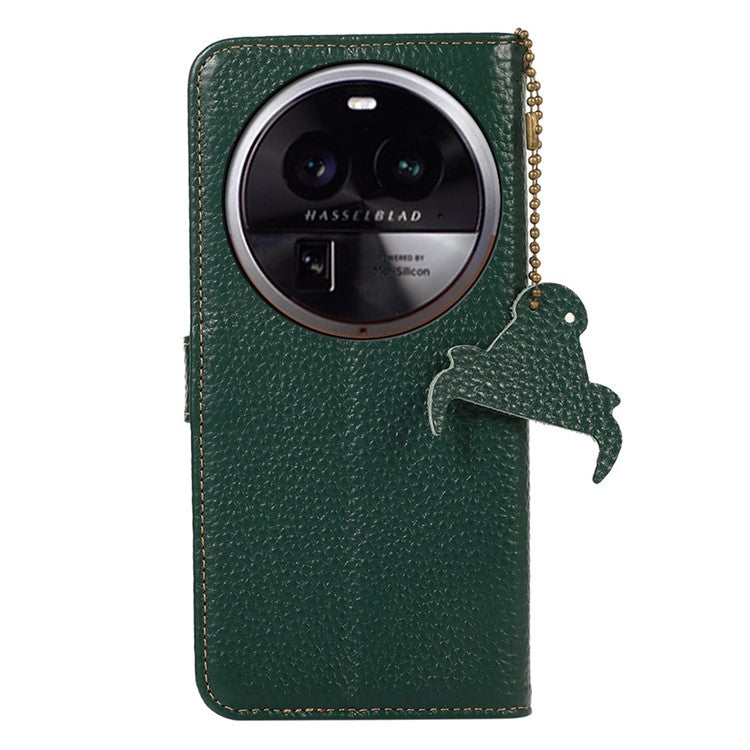 Litchi Texture Cover for Oppo Find X6 , RFID Blocking Phone Wallet Case Genuine Cow Leather Stand Shell - Green
