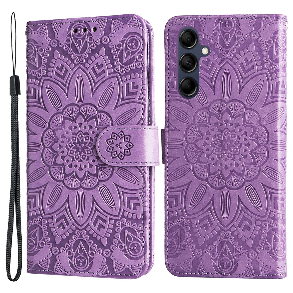 For Samsung Galaxy M14 5G Sunflower Imprinted Phone Wallet Case PU Leather Stand Cover with Strap - Purple