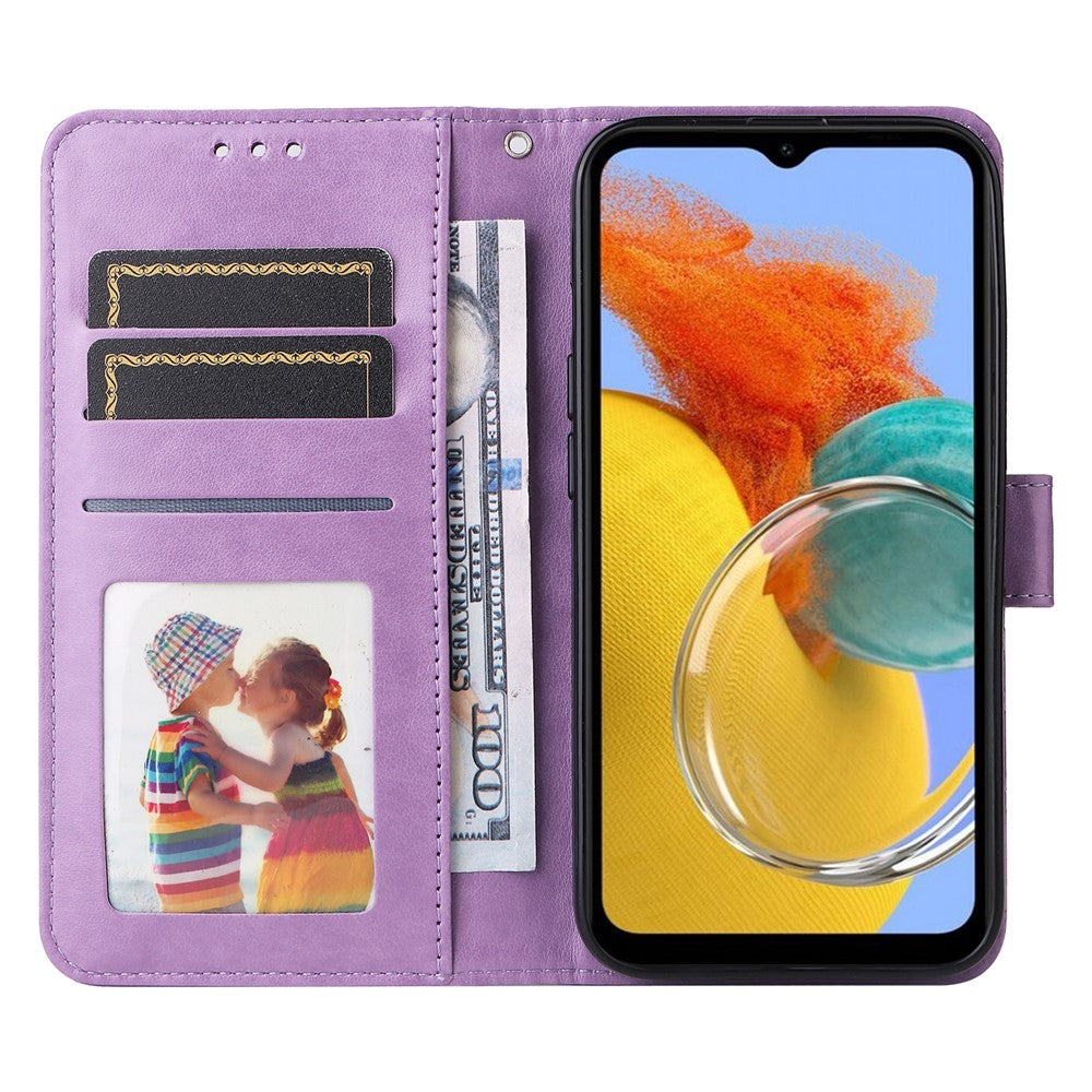 For Samsung Galaxy M14 5G Sunflower Imprinted Phone Wallet Case PU Leather Stand Cover with Strap - Purple