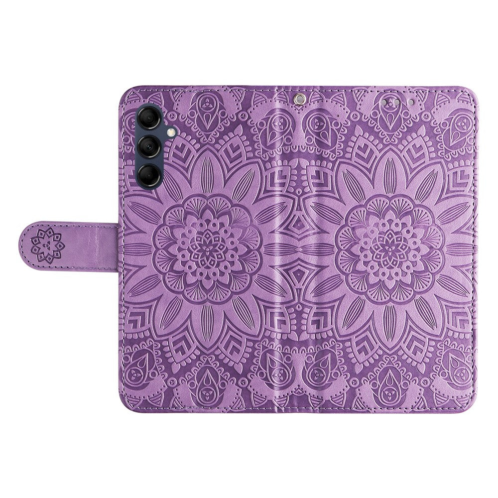 For Samsung Galaxy M14 5G Sunflower Imprinted Phone Wallet Case PU Leather Stand Cover with Strap - Purple