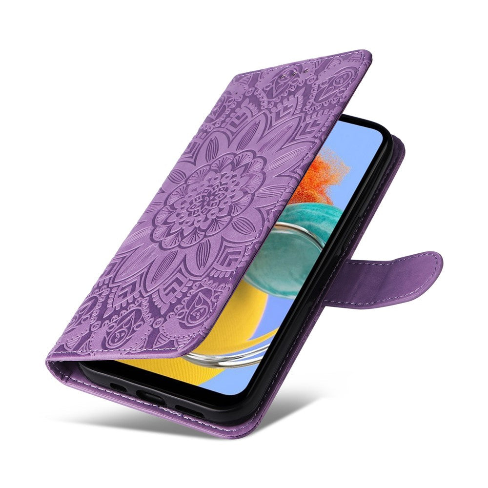 For Samsung Galaxy M14 5G Sunflower Imprinted Phone Wallet Case PU Leather Stand Cover with Strap - Purple