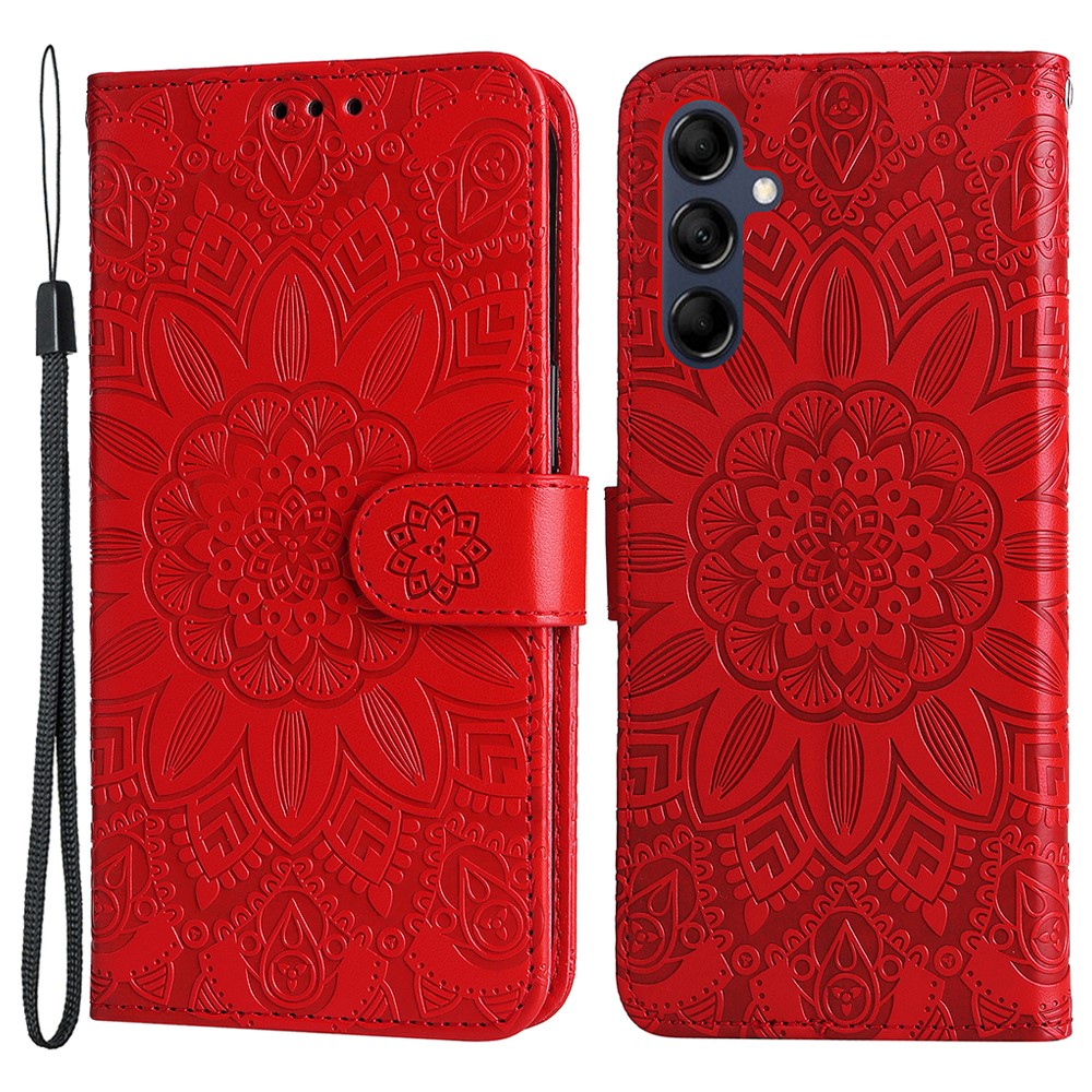 For Samsung Galaxy M14 5G Sunflower Imprinted Phone Wallet Case PU Leather Stand Cover with Strap - Red