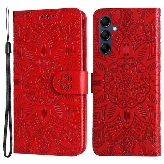 For Samsung Galaxy M14 5G Sunflower Imprinted Phone Wallet Case PU Leather Stand Cover with Strap - Red