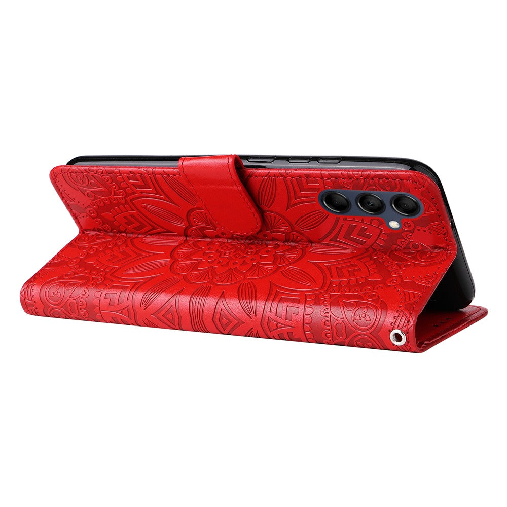 For Samsung Galaxy M14 5G Sunflower Imprinted Phone Wallet Case PU Leather Stand Cover with Strap - Red